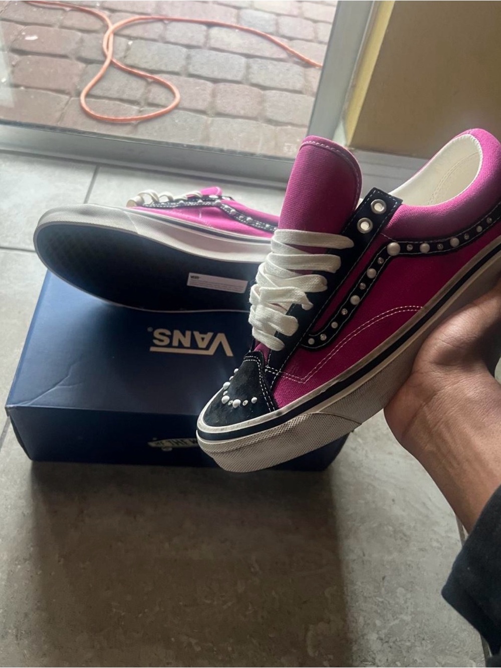 Pearlized Vans Pink and Black Studded Old Skool Sneakers with White Laces